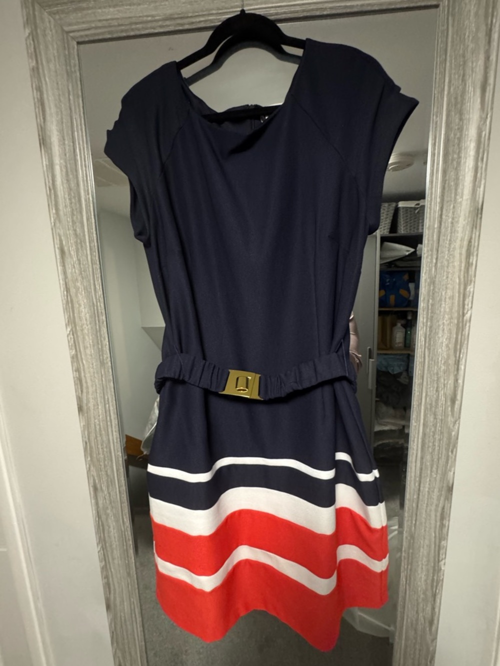 Studio One Navy Dress with Red & White Stripe Hem